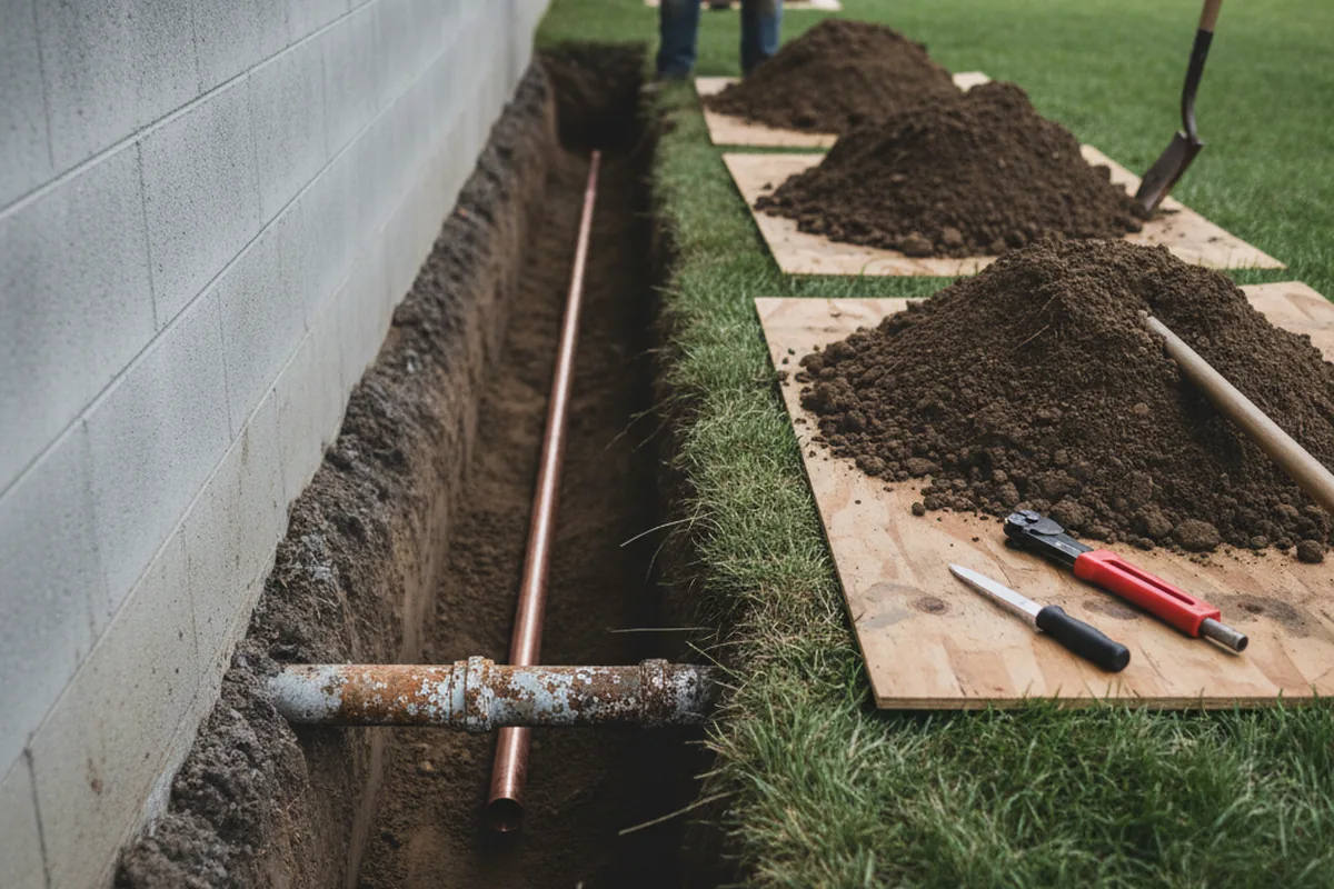 Excavated water line trench during Water Softener Installation in Nauvoo